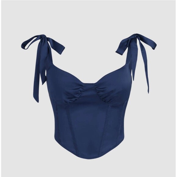 NWT Cider Size XL Corset Crop Top Blue Satin Tie Straps Chic Night-Out Party - Picture 2 of 11